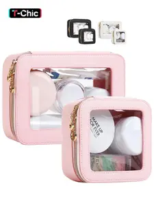 Leather Clear Makeup Bags Set - Travel Clear Cosmetic Bag Case with Zipper, Vanity bag, Travel Makeup Pouch, Travel Beauty Bag, Cosmetic Storage Bag, Transparent TSA Approved Toiletry Bags, Makeup Organizer for Travel Essentials, Car Accessories for Women