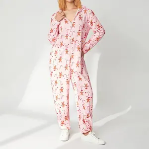 Women Christmas Hooded Jumpsuit Fleece Pajamas Long Sleeves Zipper Rompers Xmas Holiday Pjs Loungewear