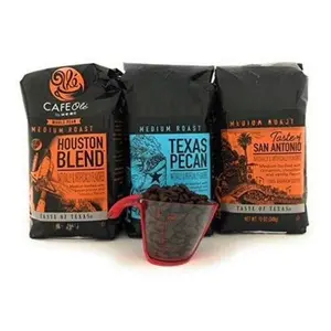 Cafe Ole Taste of Texas - Whole Bean Gift Assortment Bundle With Goodcook Coffee Measure - Houston Blend, Texas Pecan, Taste Of San Antonio (12 oz X 3 Bags) Beverage Vanilla Chocolate Cocoa Father's Day Set