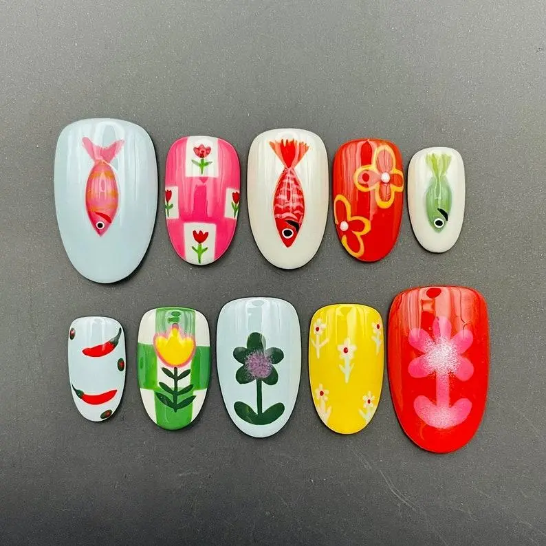 Hand-Painted Fish and Flowers Press On Nails – Reusable Gel Fake Nails
