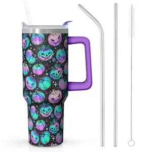 Pumpkin Design Halloween Tumbler 40oz with Handle - Double Wall Insulated Stainless Steel Cup, Leakproof Lid, Spooky Gift for Fall Parties