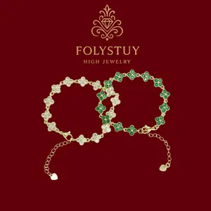 9.06-inch-long, 9mm-wide FOLYSTUY 4-leaf flower hand-set with green and white gemstones bracelet. The bracelet size can be adjusted. Sizes: W182, W183.