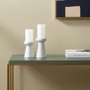 360 stand 2-Piece Pillar Type Candle Holder Set, Decorative Modern White & Gray Marble Finish Tabletop Holders for Tabletop Use, 2 Heights Varying Sizes, Home Decor Gift-Ready Item, Decorative Accent, Modern Style