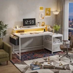 56.5" Computer Desk with File Drawers Cabinet & Power Outlets, Home Office Study Writing Gaming Desk, Work Table with Shelves, Monitor Stand & Printer Space, Multifunctional Office Workstation for Home Stud