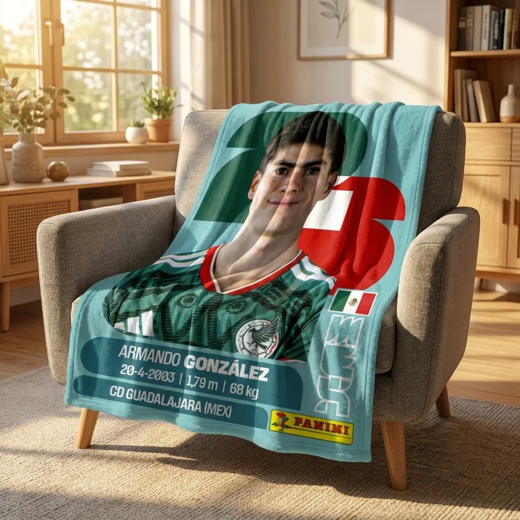 Armando González Mexico National Team Panini Card Style Flannel Throw Blanket, Mexican Soccer Player Portrait Stats Print Soft Warm Fleece Blanket, Liga MX Football Fan Bedroom Sofa Decor Blanket, Soccer Supporter Gift