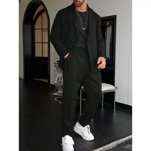 Men's Solid Color Business Suit Set, Slim Casual Comfy Breathable Suit Set for Work Office, Men's Clothing for Spring, Menswear