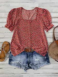 Women's Square Neck Floral Puff Sleeve Short Sleeve Blouse, Casual Summer Shirt, Loose Flattering Brick Red Women's Top, Suitable for Summer Commute and Daily Casual Wear, Womenswear