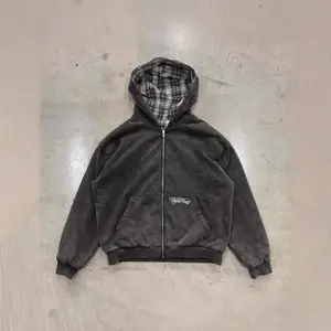 Street hooded sweater jacket autumn loose plaid splicing casual personality cardigan double-sided sweater