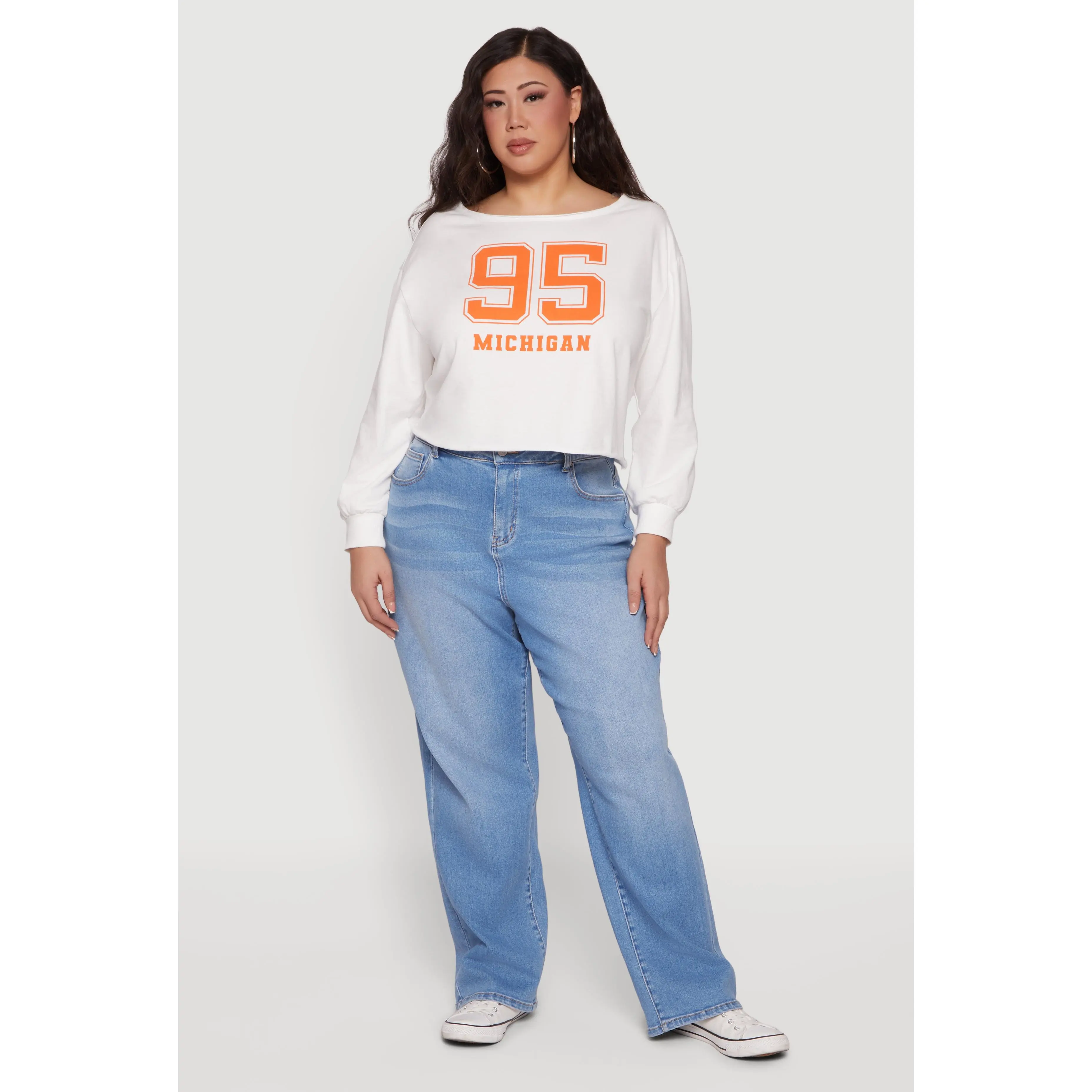 Plus Size Almost Famous Long Sleeve Boat Neck Graphic Top