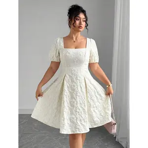 Plus Size Elegant Square Neck Puff Sleeve Midi Dress with Jacquard Lace Trim for Party Club and Dating Summer Women's Floral Polyester Formal Wear