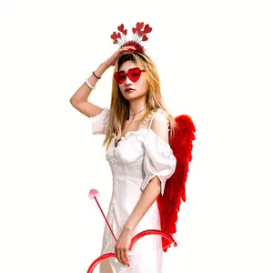 1set Valentine'S Day Cupid Costume Set for Women - Polyester Feather Wings, Heart-Shaped Glasses, Headband, Bow and Arrow - Cute Cosplay Photography Props for Halloween & Party Celebrations