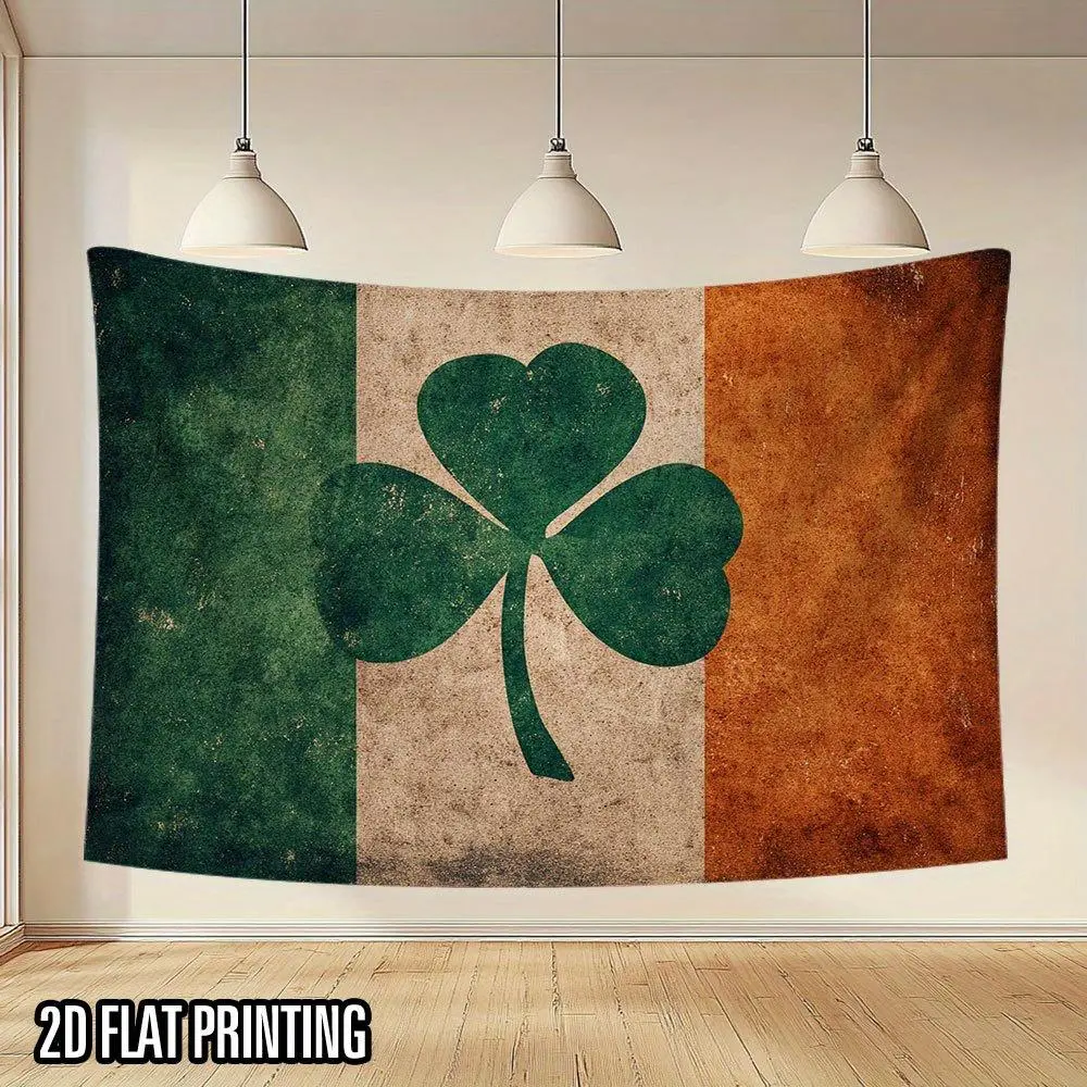 1PC Durable Decorative Polyester 2D Flat St. Patrick's Day Retro Irish Flag Shamrock Tapestry - Irish Cultural Wall Hanging, Living Room Background Cloth, Festive Home Party Supplies Backdrop, Durable Decorative Tapestry