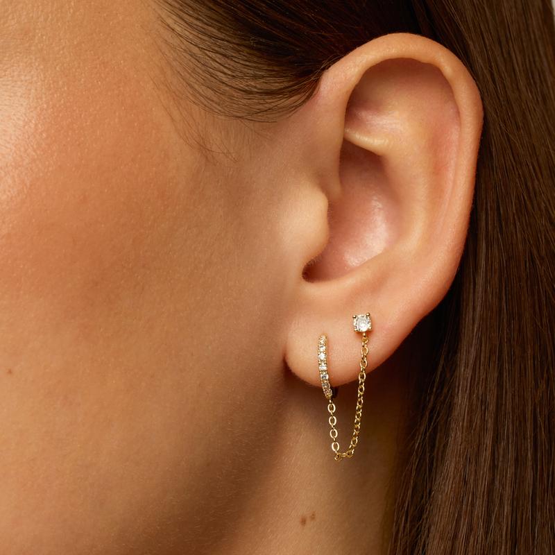 PAVOI 14K Yellow Gold Plated Double Piercing Chain Huggie Earrings Set for Women - Cubic Zirconia Chain Earrings Pack - TikTok Set