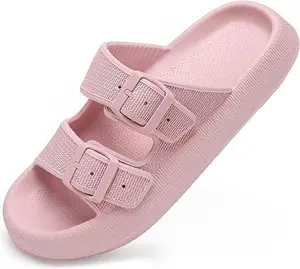 Slides for Women Men Double Buckle Adjustable Thick Sole Pillow Slippers Bathroom Sandals