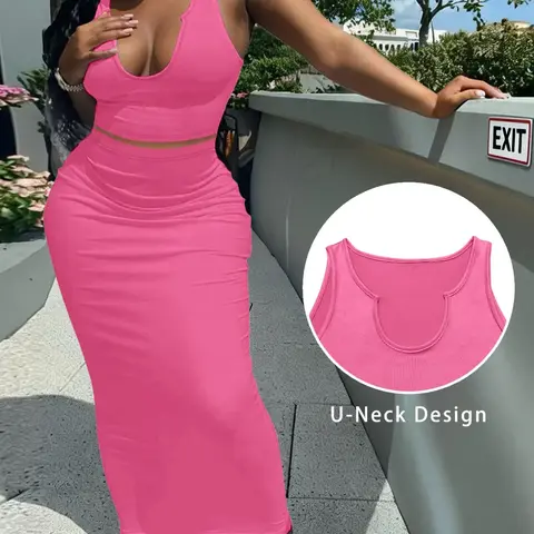 Casual Sleeveless Tank Top & Skirt Set, Vest, Solid Color, Leisure Style Clothing, Women's Basic Two-Piece Set, Fit, Perfect for Everyday Wear, Womenswear