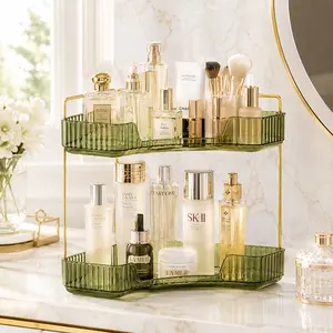 Green-2-Tier Corner Bathroom Counter Organizer, Space-Saving Multi-Functional Countertop Storage Shelf for Vanity Makeup Perfume, Aesthetic Large Capacity Dresser Skincare Tray, Perfect Organization Gift for Women, Girlfriend, Couples