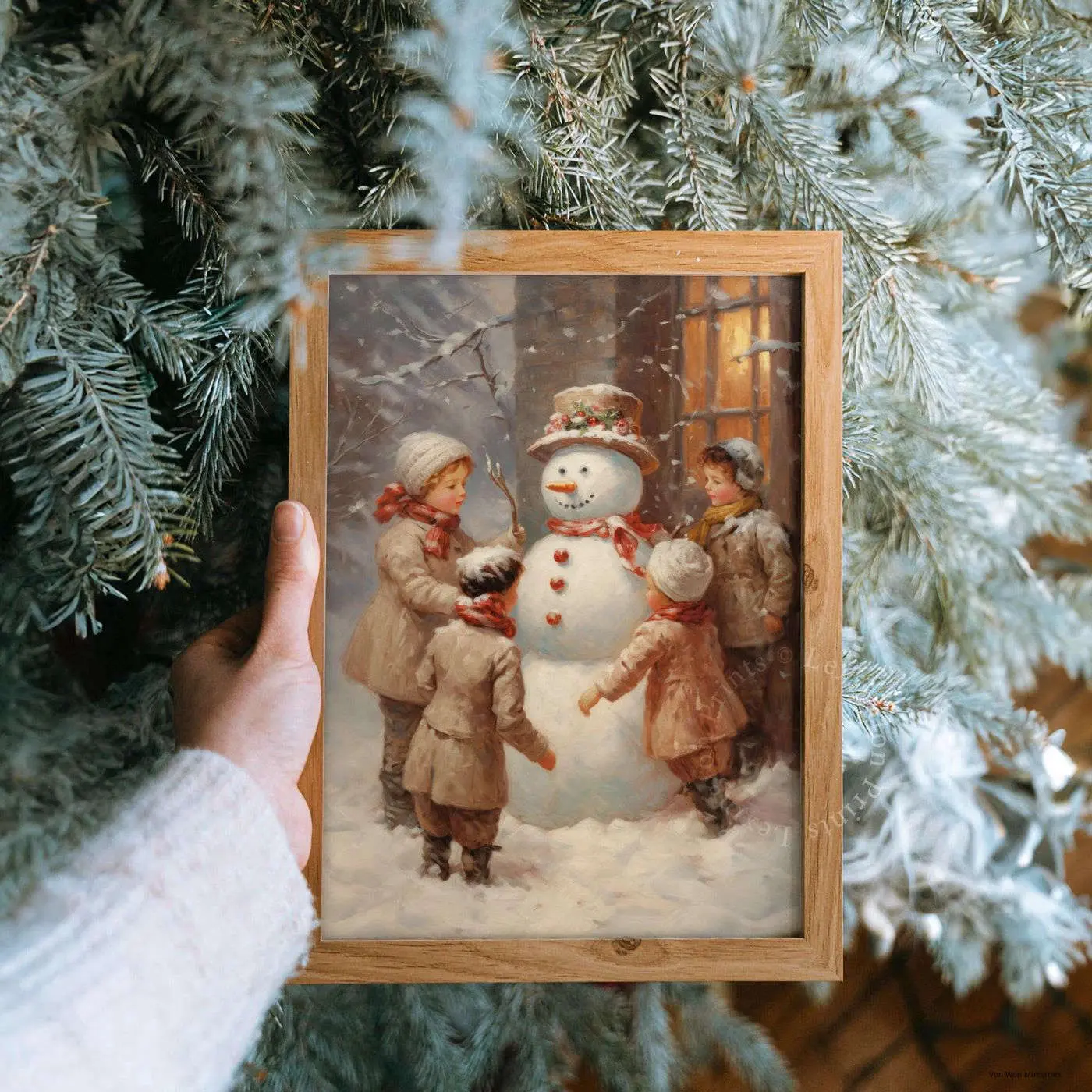 Children Building Snowman Christmas Wall Art Christmas Snowman Decor Holiday Decor Winter Print Christmas Print Snowman Print Vintage