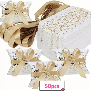 50pcs White Golden Paper Pillow Gift Boxes, 3.62x2.75x0.94 Inch Mini Pillow Candy (Packaged Candy) Boxes with Ribbon Home - Perfect for Christenings, Weddings, Birthdays, Anniversaries and Holiday Special Occasions