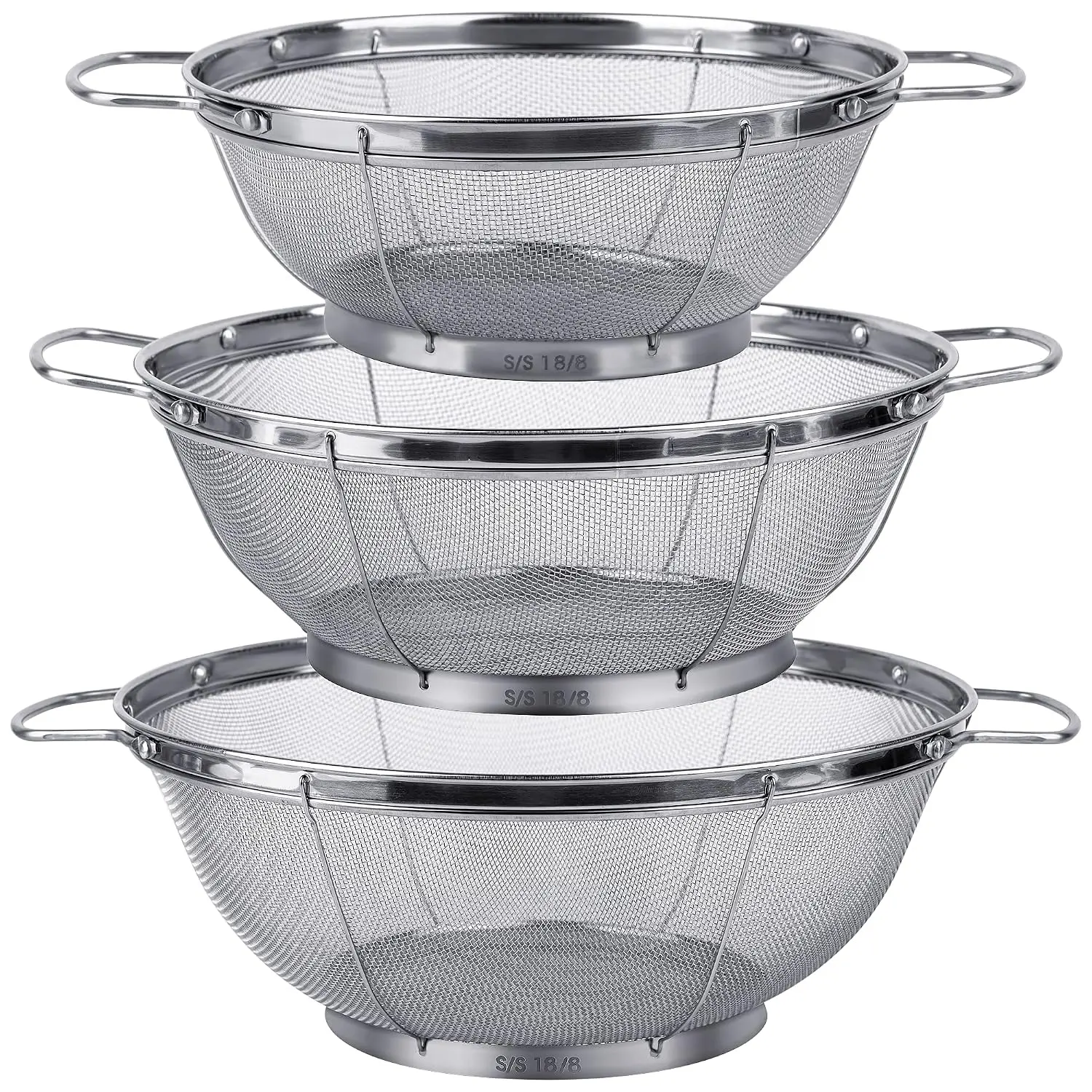3 Pack 18/8 Stainless Steel Colander Sieves(5-Quart, 4-Quart And 3-Quart), Mesh Strainer Net Baskets With Handles & Resting Base For Strain, Drain, Rinse Or Steam