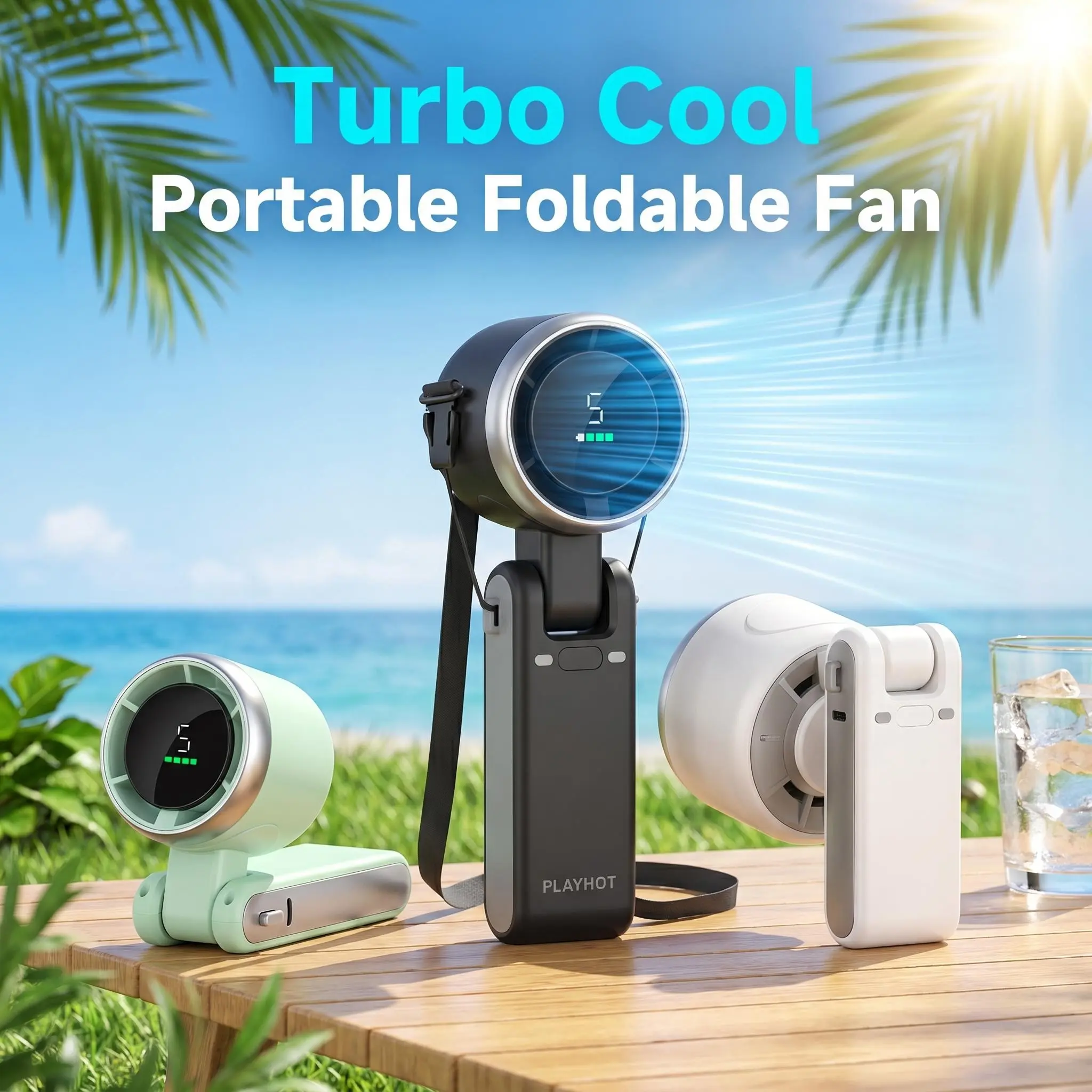 Cordless Turbo 3-in-1 Multifunctional Cooling Fan - Fold-flat 180° Rechargeable Handheld Fan with 3600mAh Battery, LED Display, 5 Speed Settings for Travel, Home Use