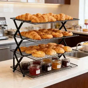 Commercial Grade 4-Tier Collapsible Cooling Rack - Heavy Duty Black Metal Foldable Baking Stand for Bakery, Private Baking, High-Frequency Use, Bread