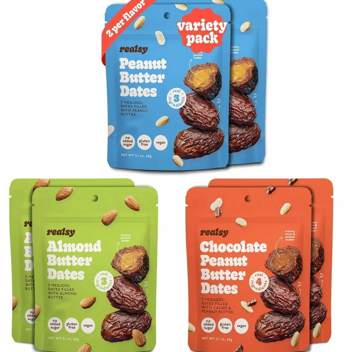Realsy Pitted & Stuffed Medjool Dates, Organic Dates with No Sugar Added, Gluten-Free, Vegan, Good Source of Fiber, Low Glycemic Index, All Natural Healthy Snack (Variety 6 Pack)