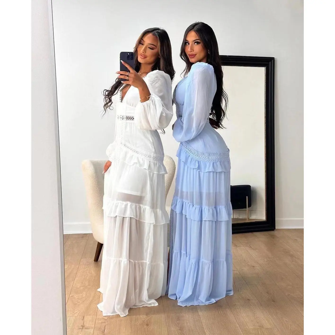 long sleeve maxi dress holiday Elegant Deep V Neck Print Holiday Party Long Maxi Dress – Drewliet