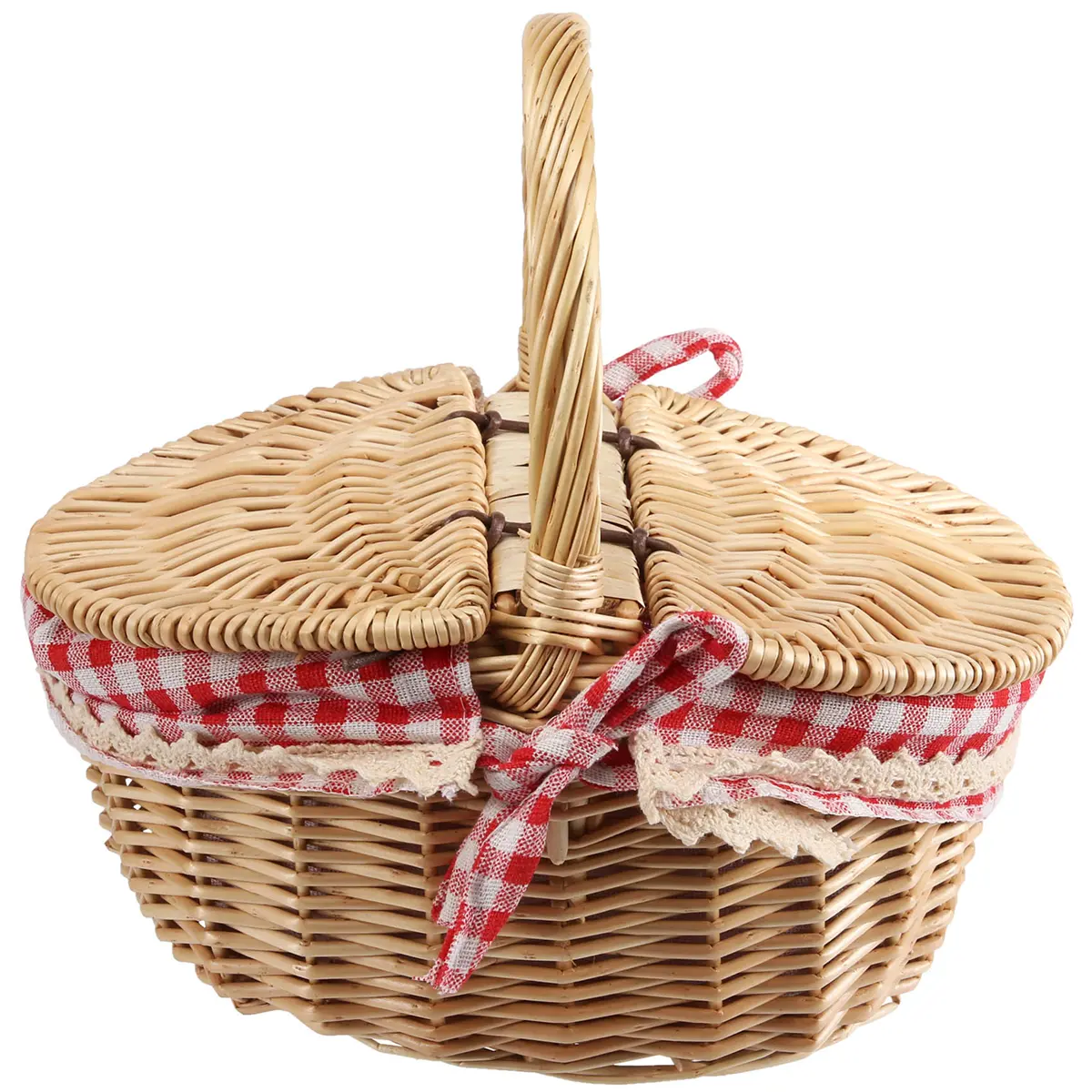 Eco-Friendly Compact Woven Wicker Picnic Hamper - Country Look Home Storage Basket with Double Lids, Carrying Handle, Liners for Picnics BBQs, Elegant Home Organizer
