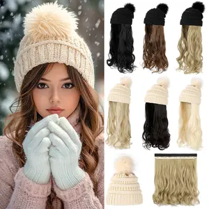 Dulchany Hat Wig Beanie Hat with Hair Long Wavy Extensions Knit Pom Pom Hat Attached 20" Synthetic Removable Hairpiece for Women Winter Hat Accessory