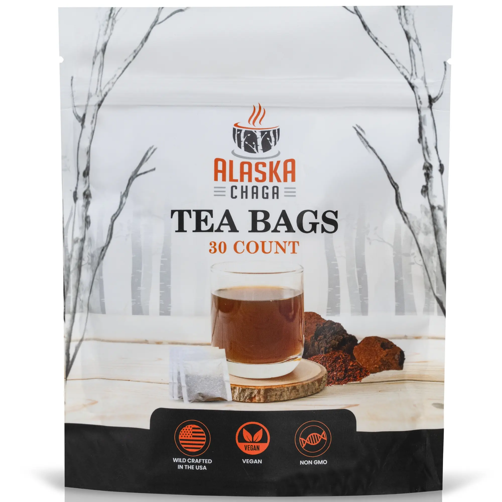 Chaga Mushroom Tea Bags by AlaskaChaga – 30 Count – Wild-Harvested Alaska Chaga, Caffeine-Free, Non-GMO, Smooth Earthy Herbal Tea