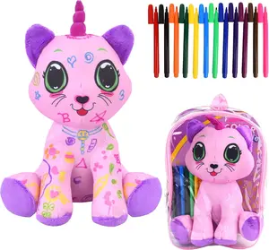 Coloring Plush Toy with 12 Washable Markers for Little Girls Doodle Dolls Arts and Crafts Soft DIY Washable Doodle Stuffed Animal Toy for Kids Ages 4-6 Birthday (Pink Cat)