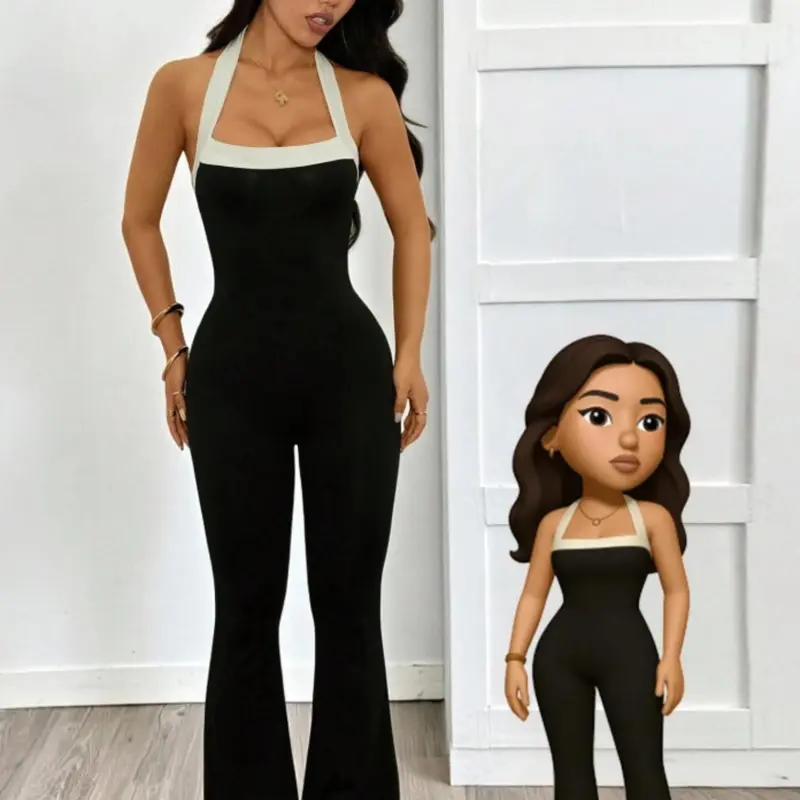Women's Halter Neck Patchwork Bodycon Jumpsuit, Slim Fit Casual Sportswear, Sporty Comfy Jumpsuit, Comfortable Daily Wear, All-Season Fashion, Skinny Jumpsuit, Sportswear Jumpsuits, Workout Jumpsuits, Tight Fitting Jumpsuit, Skinny Fitted Jumpsuit