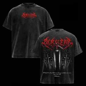 Urban Streetwear Black Washed Berserk Manga Graphic T Shirt for Men Guts Dragonslayer Pocket Red Metal Text Print Crewneck Cotton Tee Casual Top for Daily Activities and Dark Fantasy Enthusiasts