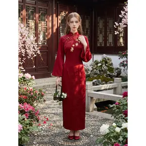 Retro Red Embroidered Cheongsam - Neo-Oriental Long Sleeve Maxi Dress - New Chinese Style Occasion Wear
