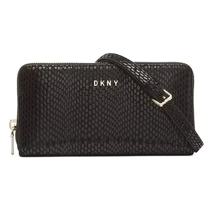 DKNY Sally Leather Zip Around Wallet on a Chain - Black