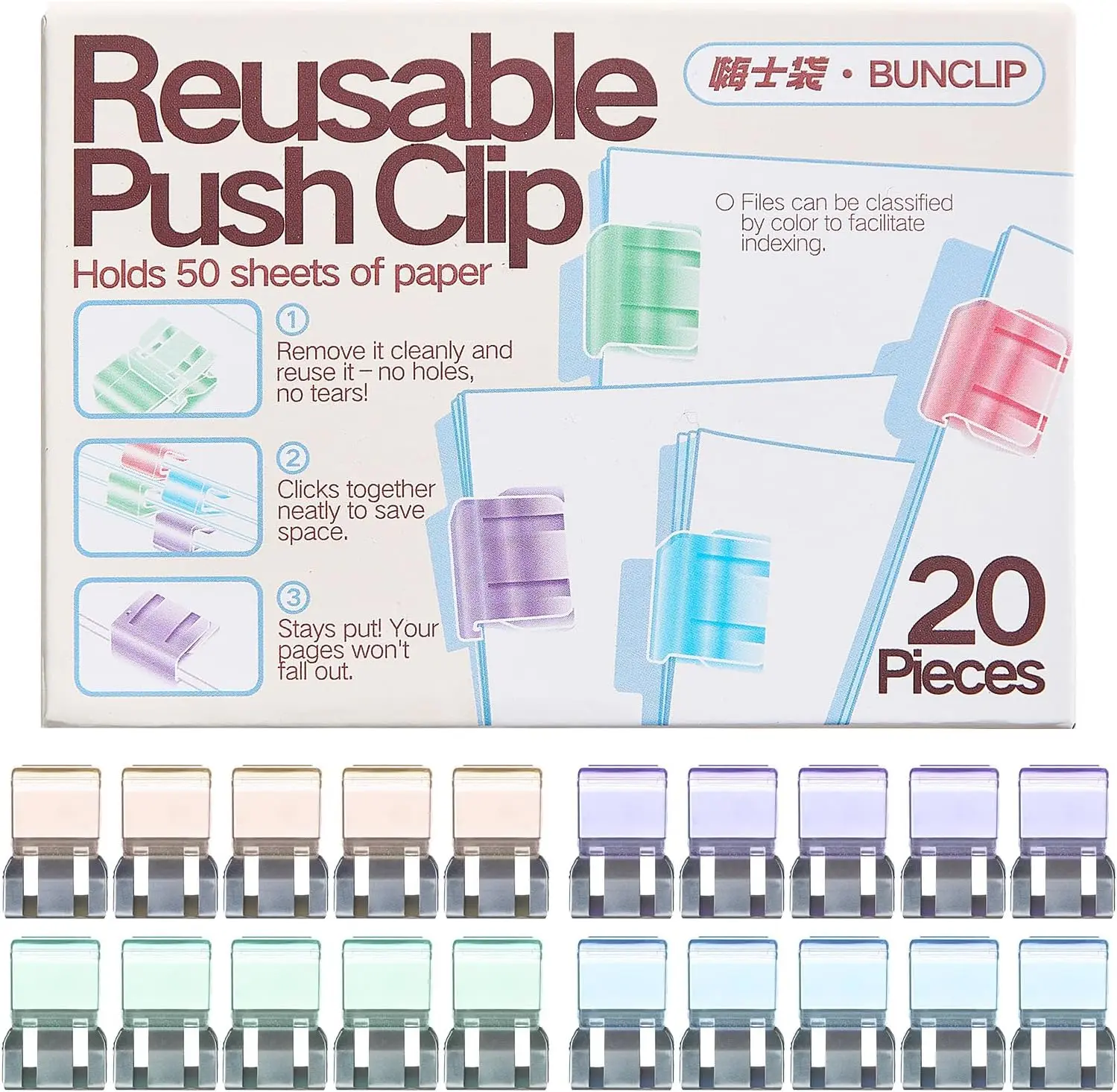 Push Paper Clips & Binder Clips, 20 Pack Medium Reusable Heavy Duty Clamps, No Damage No Marks, 50 Sheet Capacity for Office, School, Home Organization