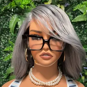 12 inches Short Grey Colored Bob Wig Human Hair 13x4 Straight Lace Frontal