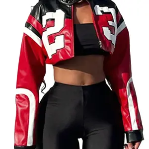 NoEnName_Null 2025 Women's Faux Leather Jacket Short Red Coat Zipper Bomber Jacket Edgy Motorcycle Style Party Tops Casual Outfit Clubwear Oversized Retro Loose Artificial Leather Short Jacket with Zipper Closure