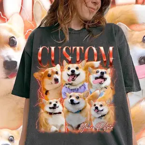 Custom Pet Portrait Photo Bootleg Graphic Tshirt Unisex 90s Vintage Heavyweight Cotton Acid Wash Streetwear Casual Tops