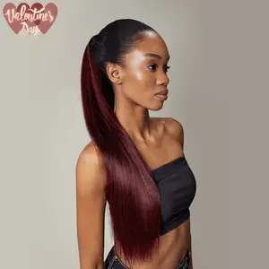 [Clearance Sale] Frodio Ponypop Burgundy Straight Ponytail Hairstyle 100% Human Hair Extension Sleek And Full Ponytail Wig Wrap Around Ponytail -Ruby