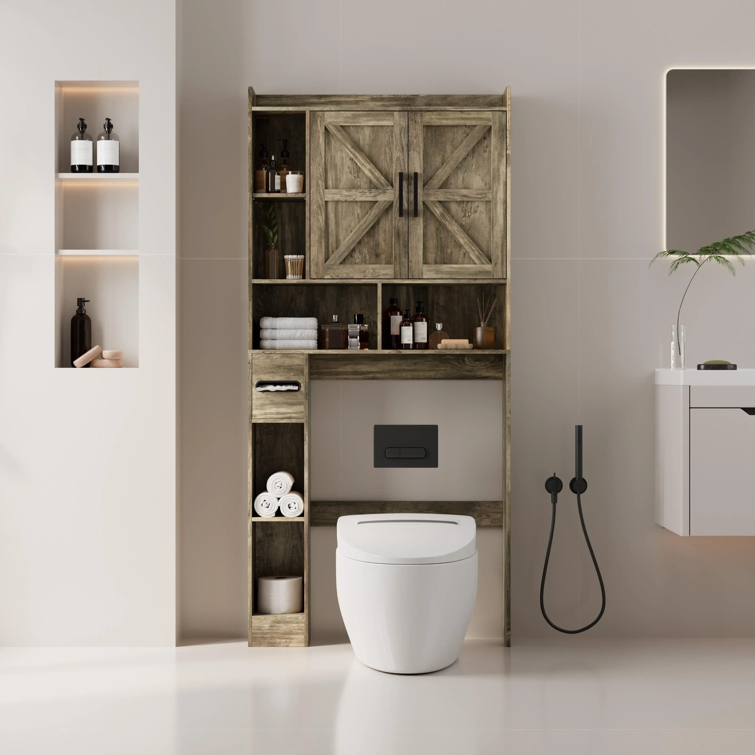 Rustic Wooden Over-the-Toilet Cabinet, Farmhouse Storage Solution with Double Barn Doors, Adjustable Shelves, Side Toilet Paper Storage & Open Shelving, Great for Small Bathrooms