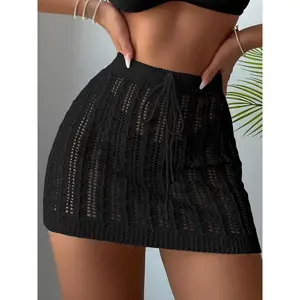 Women's Solid Hollow Out Drawstring Cover Up Skirt, Casual Sheer Swimwear for Summer Beach Holiday Vacation, Ladies Clothes for Summer, Beach Cover Ups