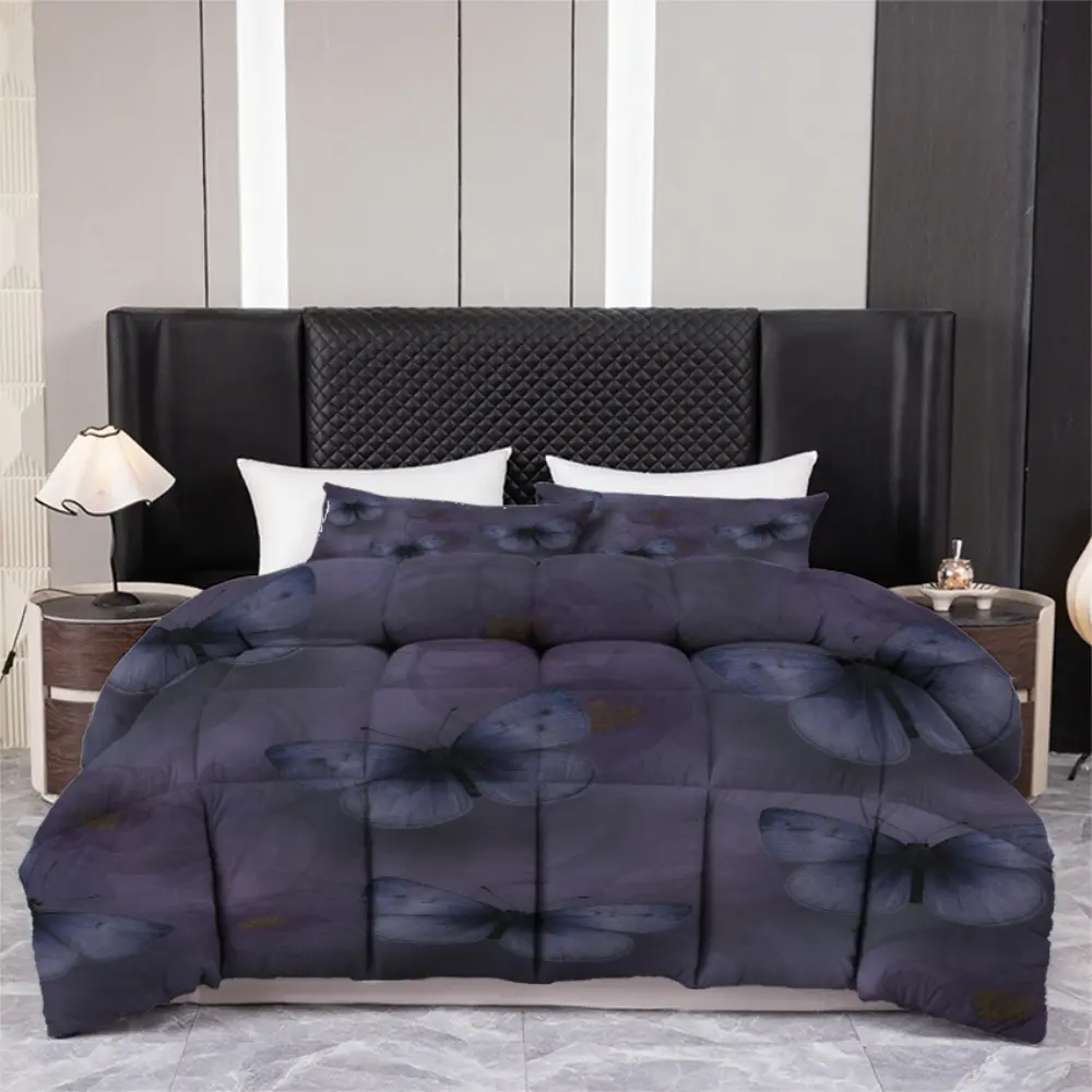 3pcs (1 comforter + 2 pillowcases) Polyester Microfiber Butterfly Comforter Set, Dark Purple All-Season Soft Warm Hypoallergenic, Wrinkle & Fade Resistant Easy-Care, Reversible Bedding, Queen King Full Size for Bedroom Guest Room Dorm