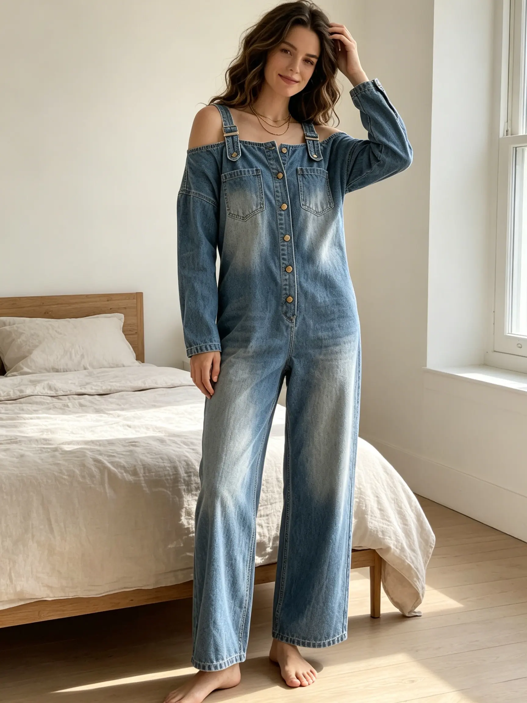 Womens Off Shoulder Baggy Denim Overalls Wide Leg Suspender Jumpsuit Long Sleeve Button Down Romper 90s Streetwear Effortless Casual Utility One Piece Outfit Vintage Wash Music Festival Clothing Loose Fit