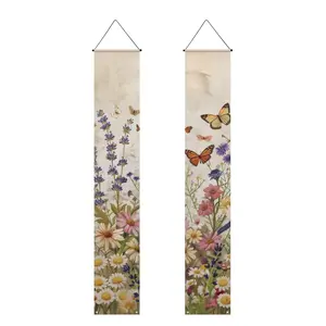 2D Flat Banner Door Sign Pair, Butterfly Front Door Hanging Banner, Wildflower Summer Porch Sign, Outdoor Seasonal Holiday Decoration, Home Decor Banner