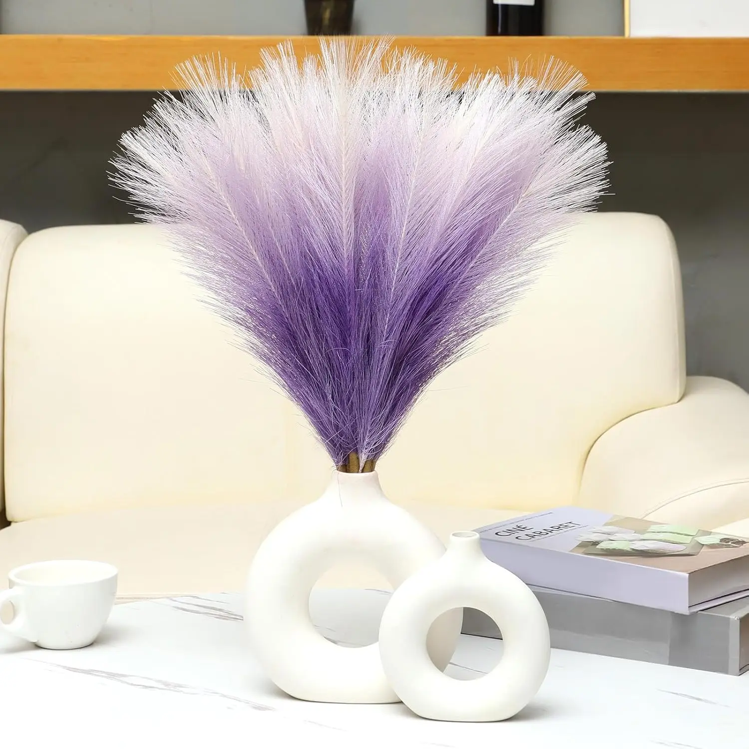Faux Pampas Grass Decor 17.7 Inch 6pcs, Pompas Grass Flower Arrangement and Vase Filler Artificial Pampas Grass Short Decor for Boho Home Wedding Decoration (Gradient Purple)