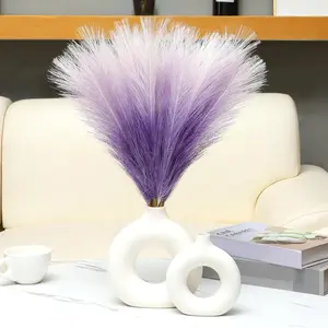 Faux Pampas Grass Decor 17.7 Inch 6pcs, Pompas Grass Flower Arrangement and Vase Filler Artificial Pampas Grass Short Decor for Boho Home Wedding Decoration (Gradient Purple)