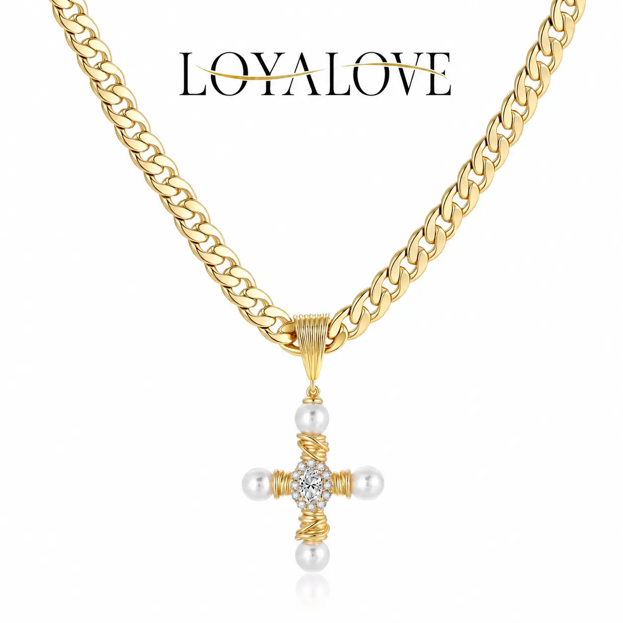 LOYALOVE 14K Gold Plated-Tone 8mm Chunky Cuban Link Cross Necklace for Women, Pearl and Cubic Zirconia Pendant, 16.5-18.5 in Adjustable Statement Faith Jewelry Gift