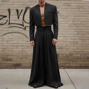 INCERUN Sexy Men's Pinstripe Suit Set Open Front Cropped Blazer & Cummerbund Waist Wide Leg Pants