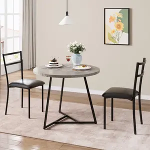 3-Piece Contemporary Dining Table Set for 2, Space-Saving Round Kitchen Table & 2 PU Upholstered Chairs, Small Apartment Friendly for Breakfast Nook Office Lounge Reception